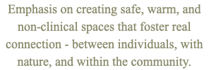 Emphasis on creating safe, warm, and non-clinical spaces that foster real connection - between individuals, with nature, and within the community.